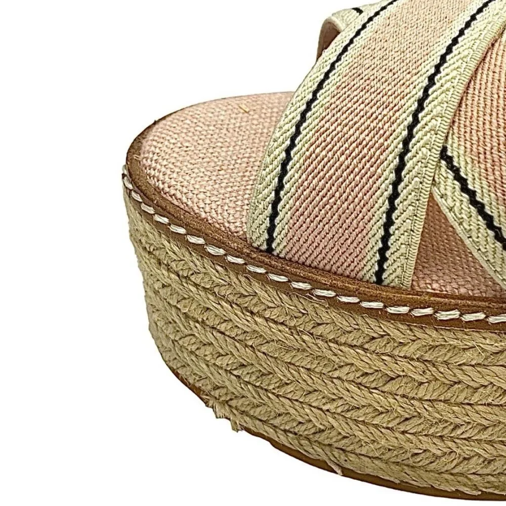 Tory Burch Frieda Espadrille Wedge Sandals Blush Stripe Tan Size 8M